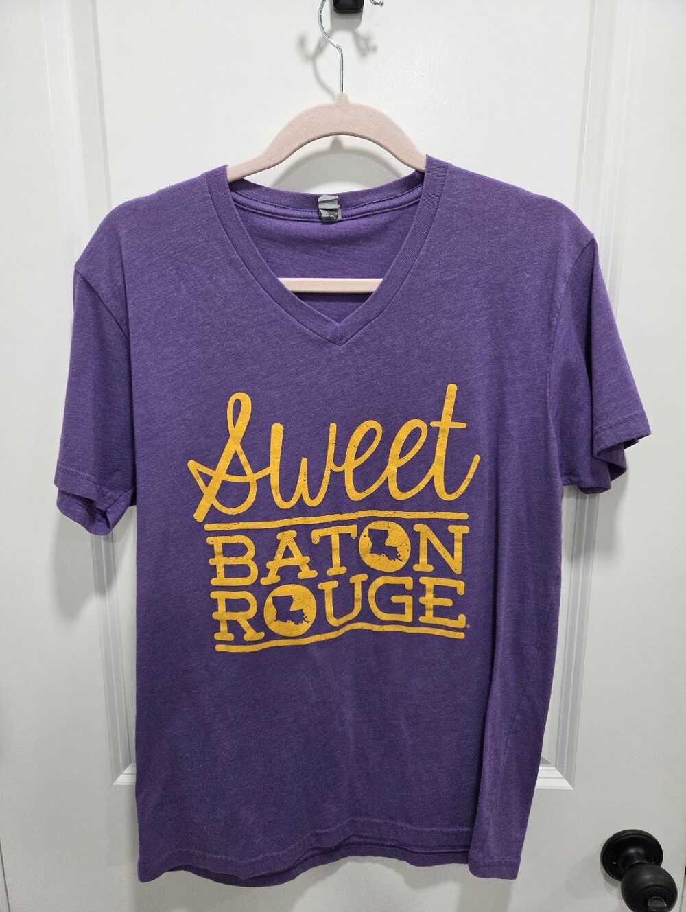 Sweet Baton Rouge Purple Yellow LSU Gameday Graphic V-Neck Tee Medium